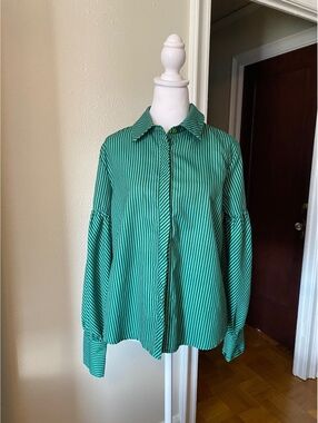 Green striped button up with wide sleeves